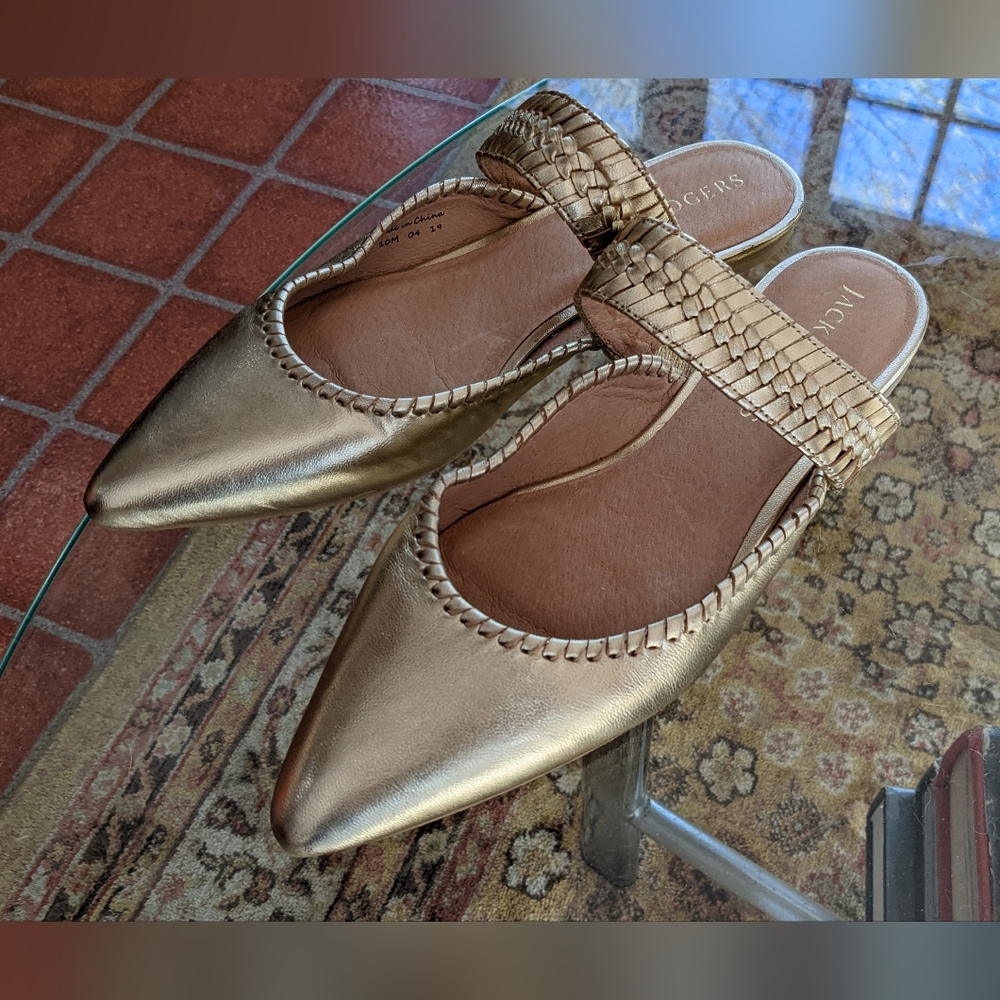 Gold Jack Rogers flat leather mules, size 10 NWOT